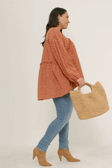 HY5124 RUST Womens Ruffled Seam Detail Tasseled Long Sleeve Top Back